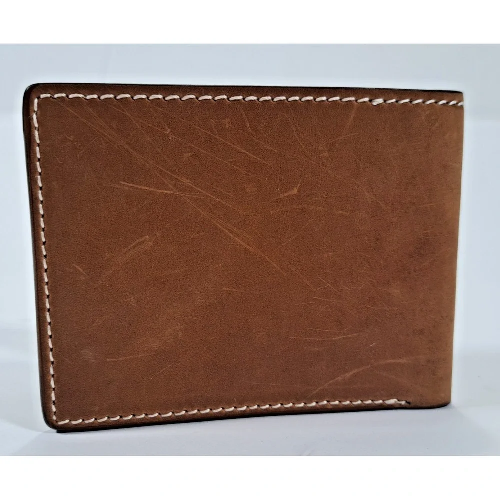 Rednecks‎ & Radicals Mens Brown Distressed Leather Bifold Wallet Barber Logo